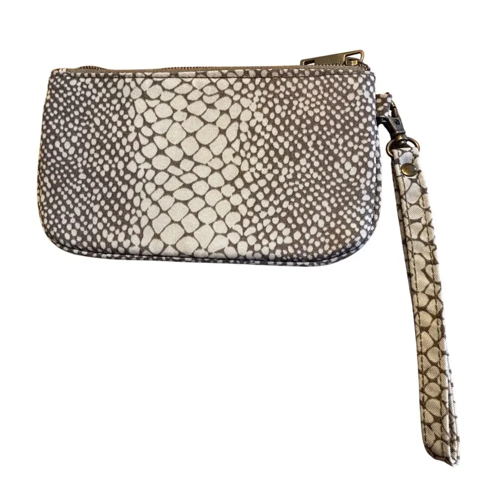 Travelon zip top wristlet wallet pouch coin purse gray animal print detach strap